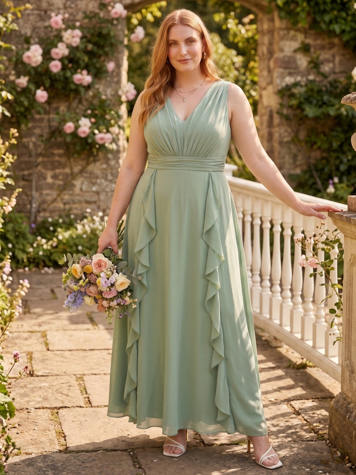 Larui Plus-Size Women's Ruffled Chiffon Dress