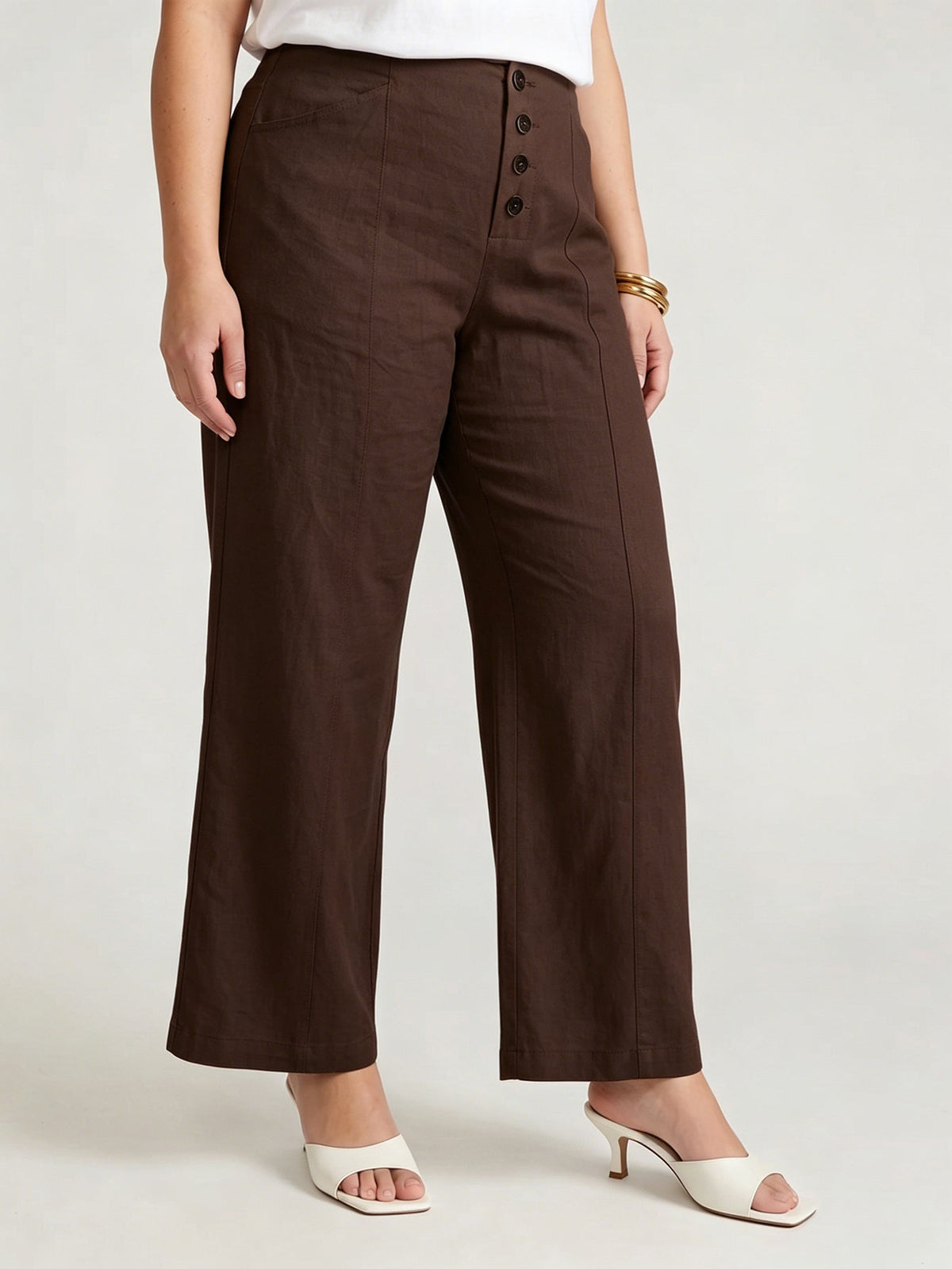 Larui Plus Size Women's Button-Down Wide-Leg Linen  Pants