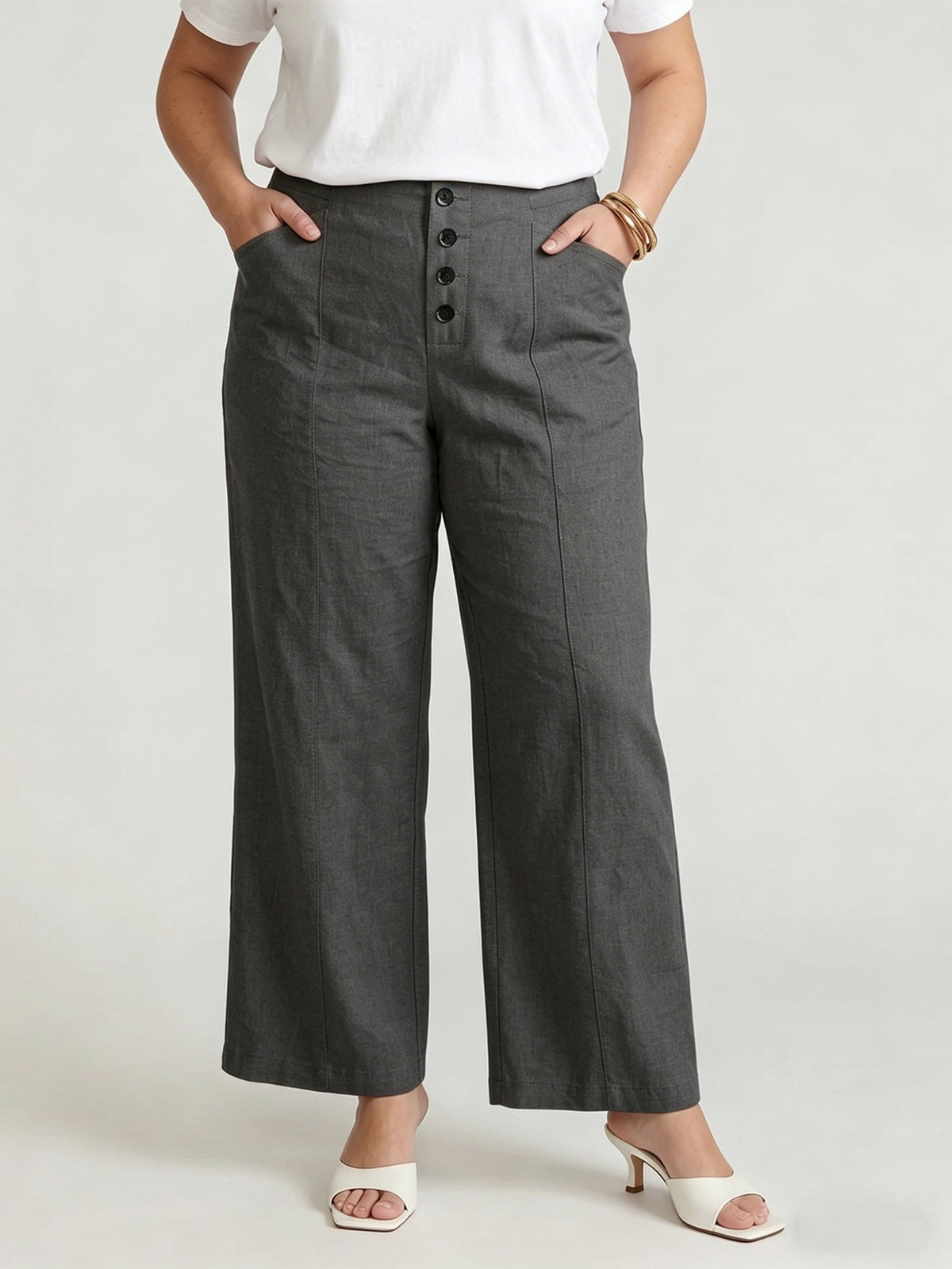 Larui Plus Size Women's ButtonDown Wide-Le-g Linen Pants