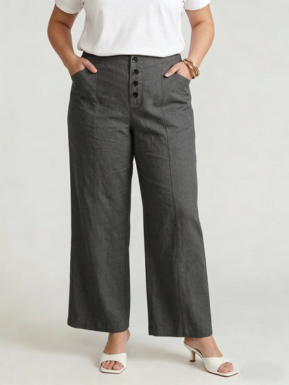 Larui Plus Size Women's Button-Down Wide-Leg Linen  Pants