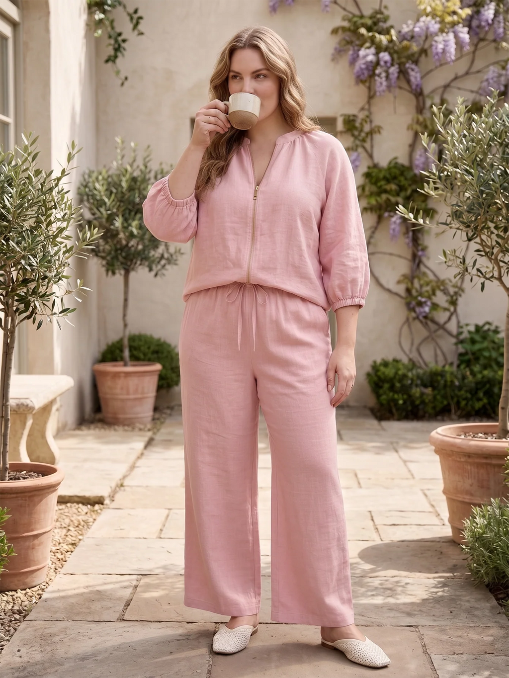 Larui Plus Size Women's Three-Quarter Sleeve Top and Pants Two-Piece Linen Set