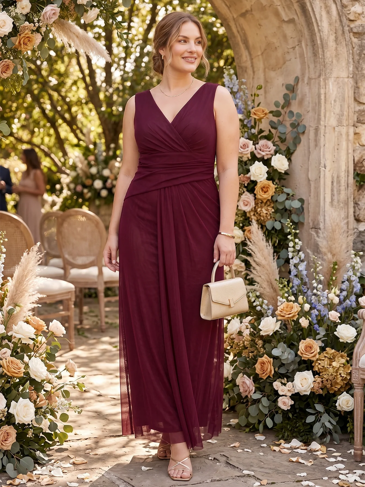 Larui Plus Size Evening Dress with Mesh Stretch Fit and Pleats