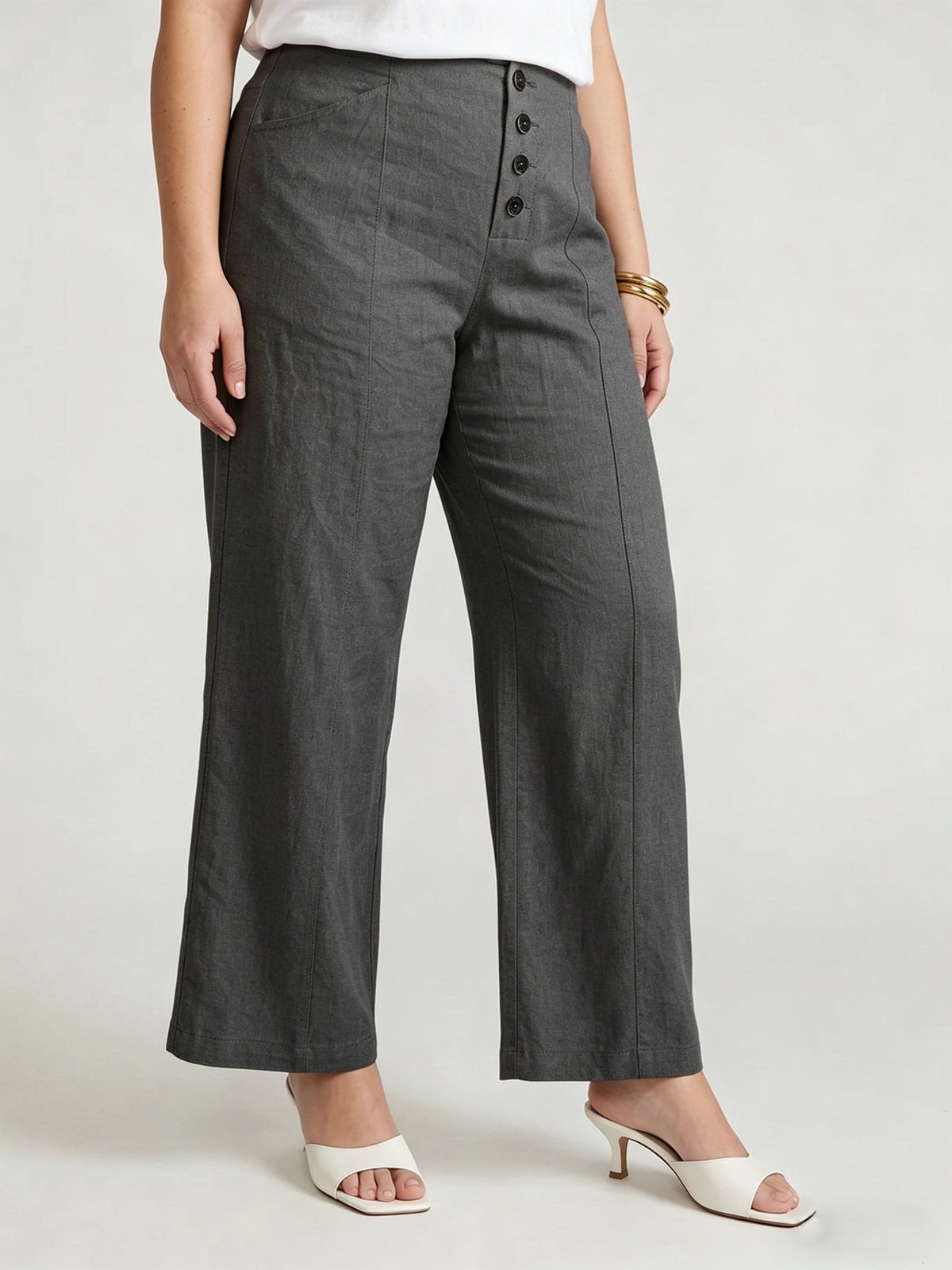 Larui Plus Size Women's ButtonDown Wide-Le-g Linen Pants