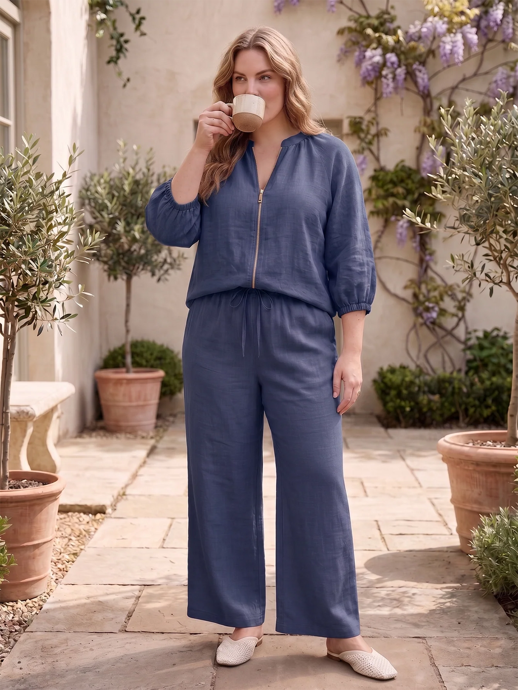 Larui Plus Size Women's Three-Quarter Sleeve Top and Pants Two-Piece Linen Set