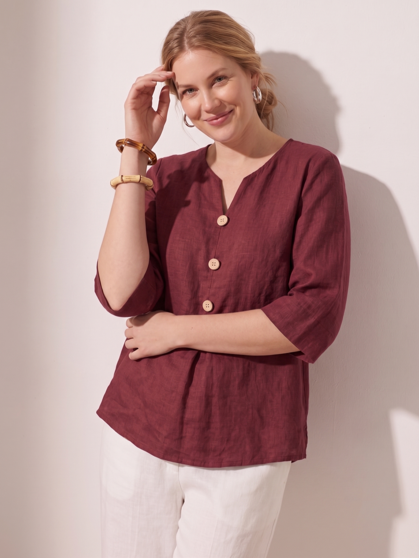 Larui Women's Plus-Size Linen V-Neck 3/4 Sleeve Top