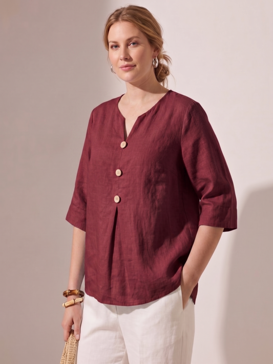 Larui Women's Plus-Size Linen V-Neck 3/4 Sleeve Top