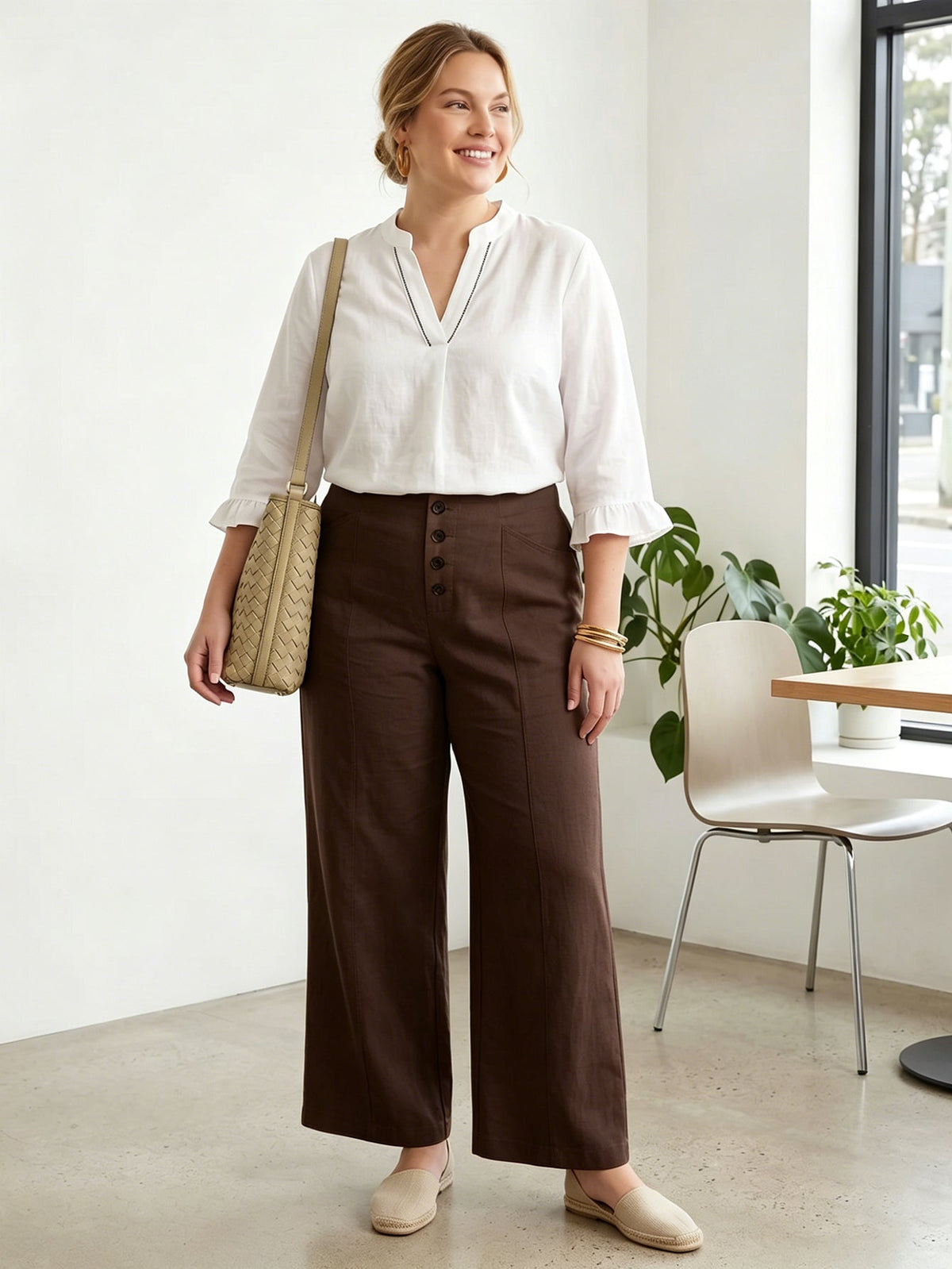 Larui Plus Size Women's ButtonDown Wide-Le-g Linen Pants