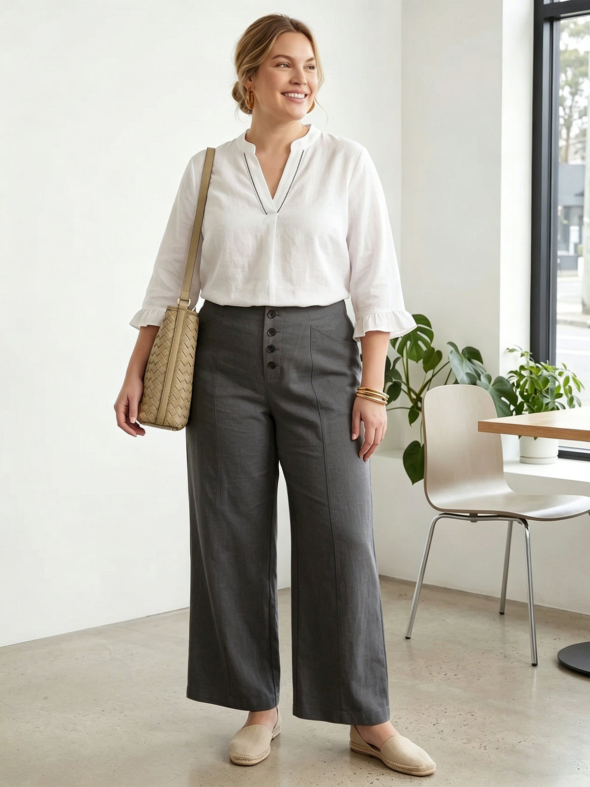 Larui Plus Size Women's Button-Down Wide-Leg Linen Pants