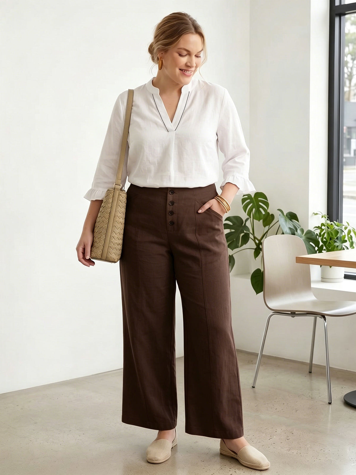 Larui Plus Size Women's ButtonDown Wide-Le-g Linen Pants