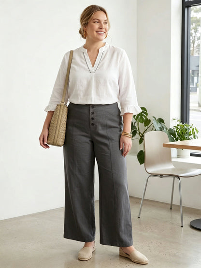 Larui Plus Size Women's Button-Down Wide-Leg Linen Pants