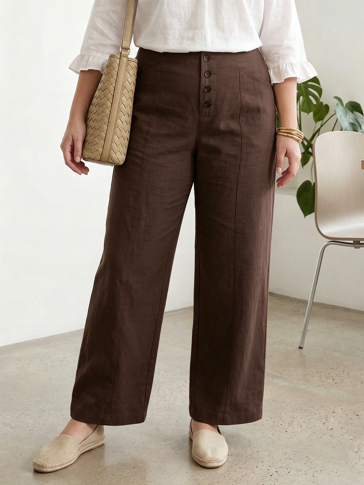 Larui Plus Size Women's Button-Down Wide-Leg Linen Pants