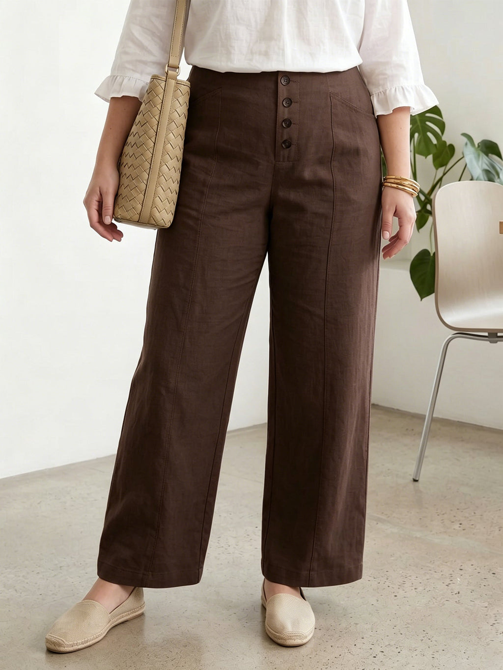 Larui Plus Size Women's Button-Down Wide-Leg Linen  Pants