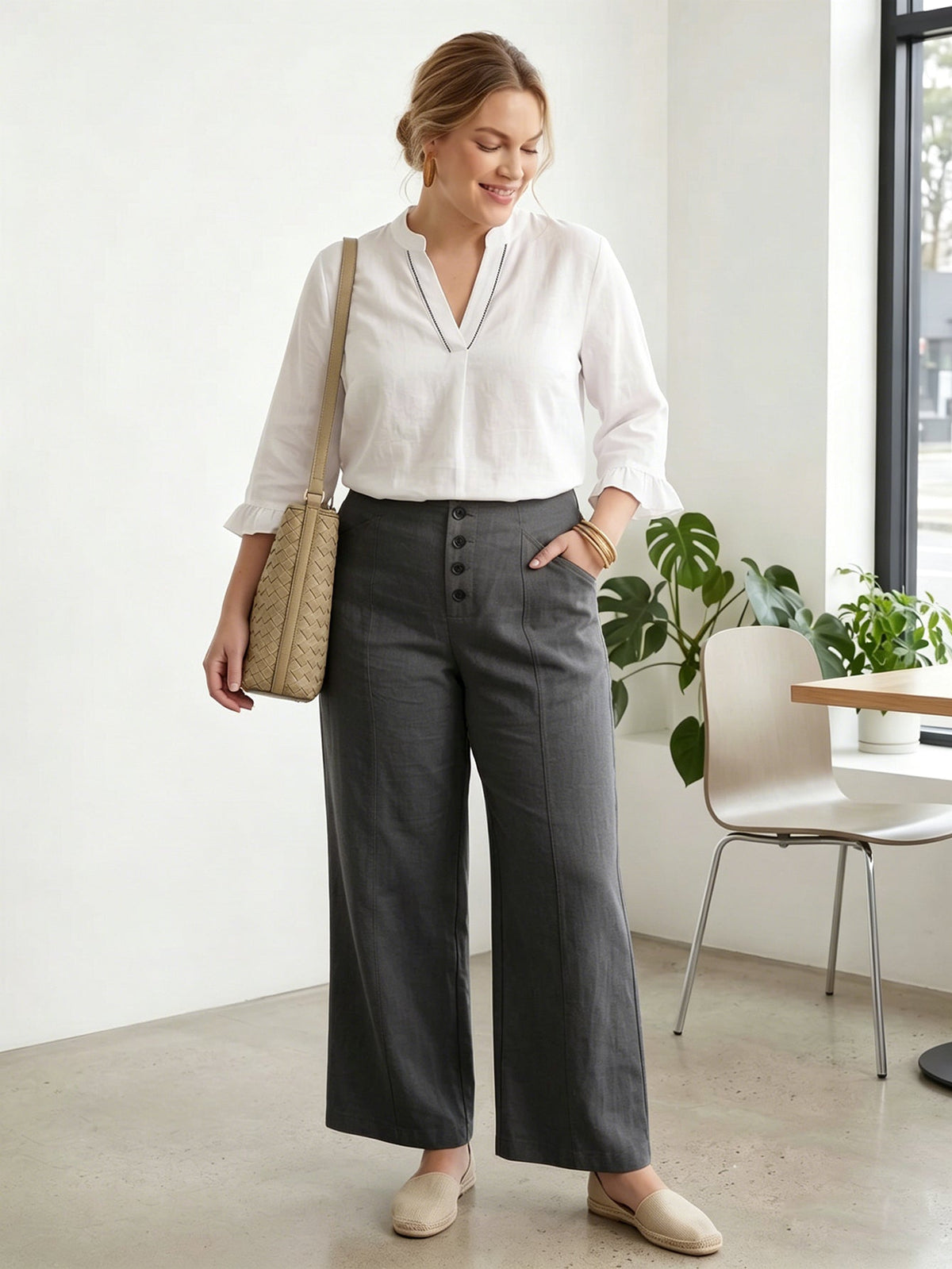 Larui Plus Size Women's ButtonDown Wide-Le-g Linen Pants