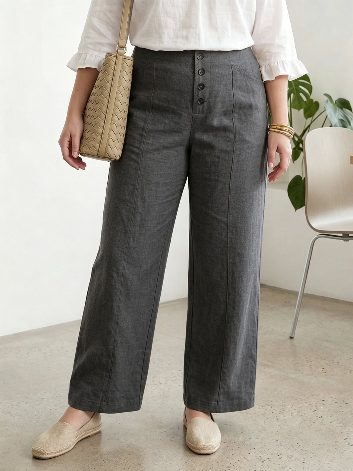 Larui Plus Size Women's Button-Down Wide-Leg Linen  Pants