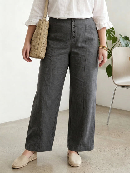 Larui Plus Size Women's Button-Down Wide-Leg Linen  Pants