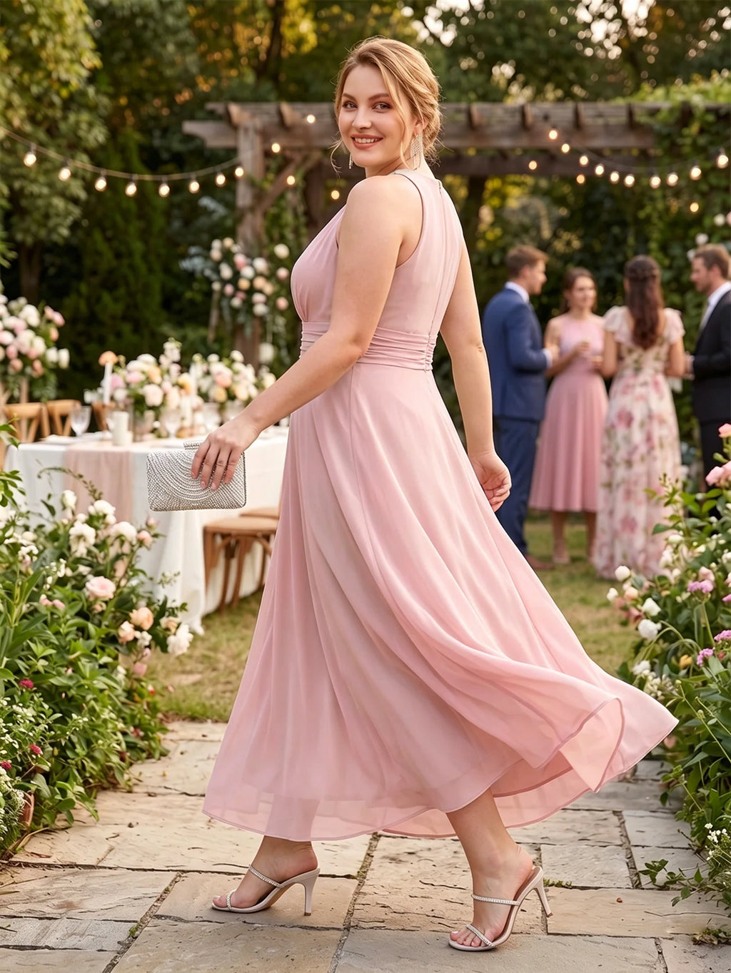 Larui Plus Size Elegant Pleated Chiffon Dress