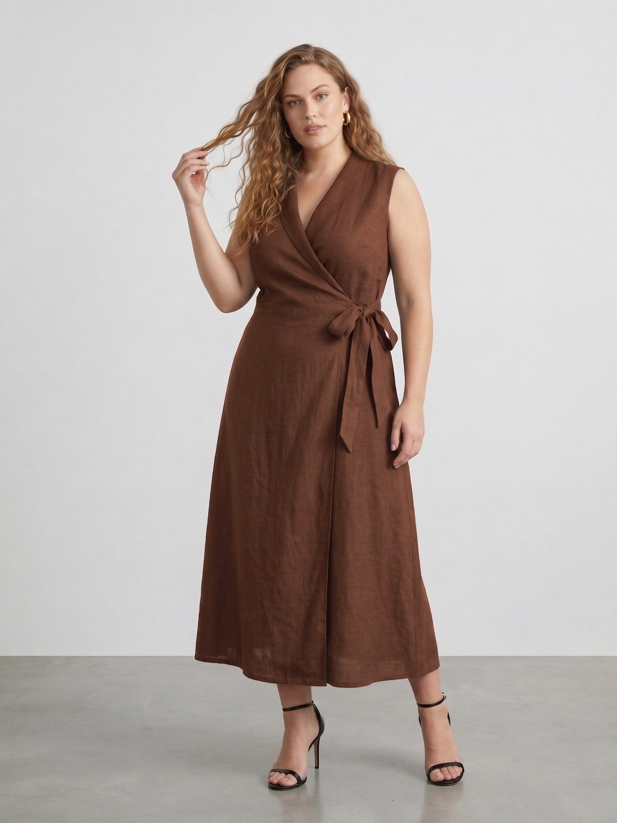 Larui Plus Size Women‘s Linen  V-Neck Sleeveless Dress