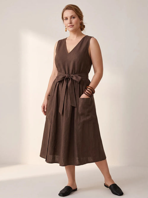 Larui Plus-Size Women's Reversible Open-Front Tie-Up Apron-Style Linen Dress