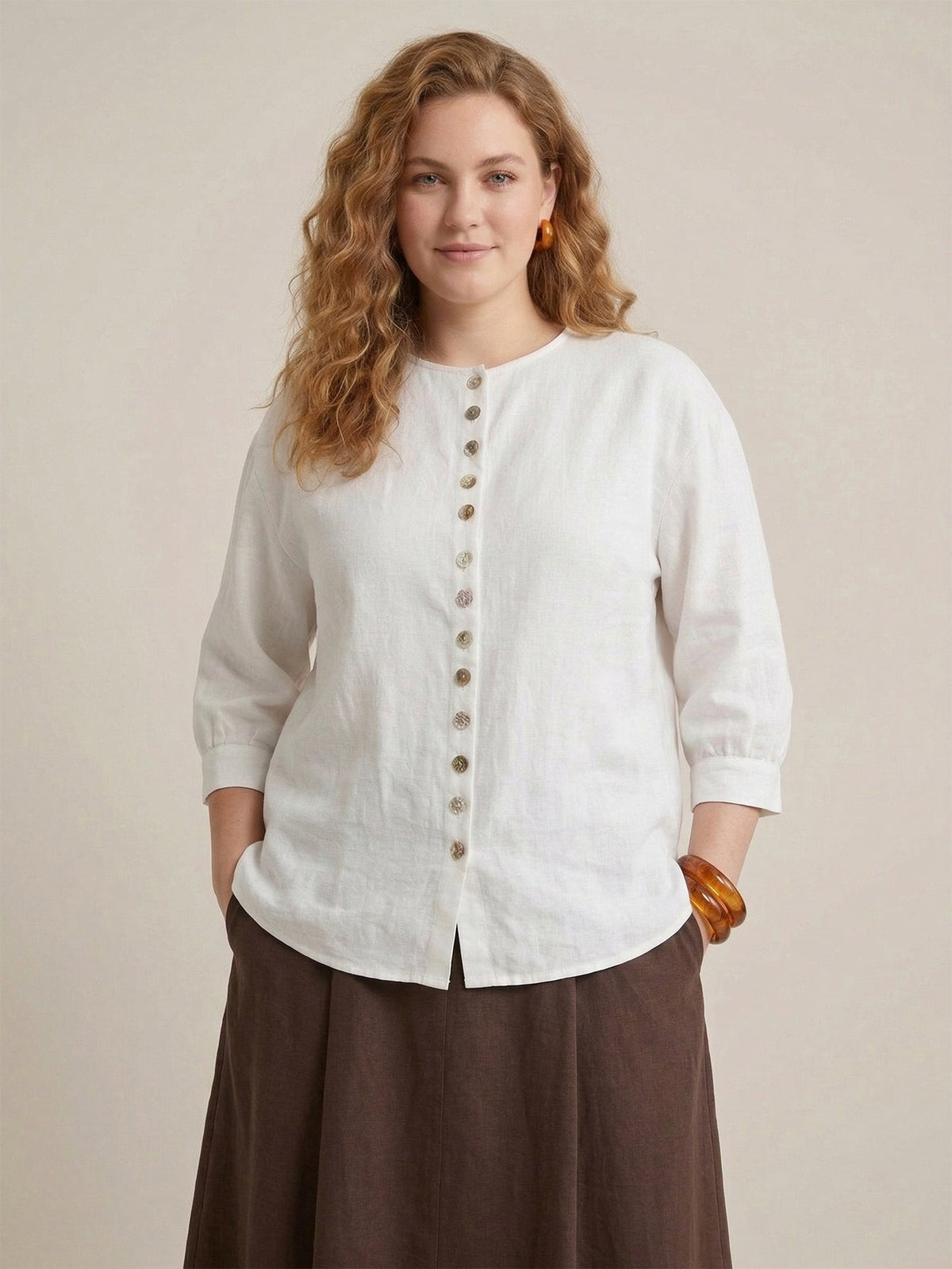 Larui Plus Size Women's Shell Button Linen Shirt
