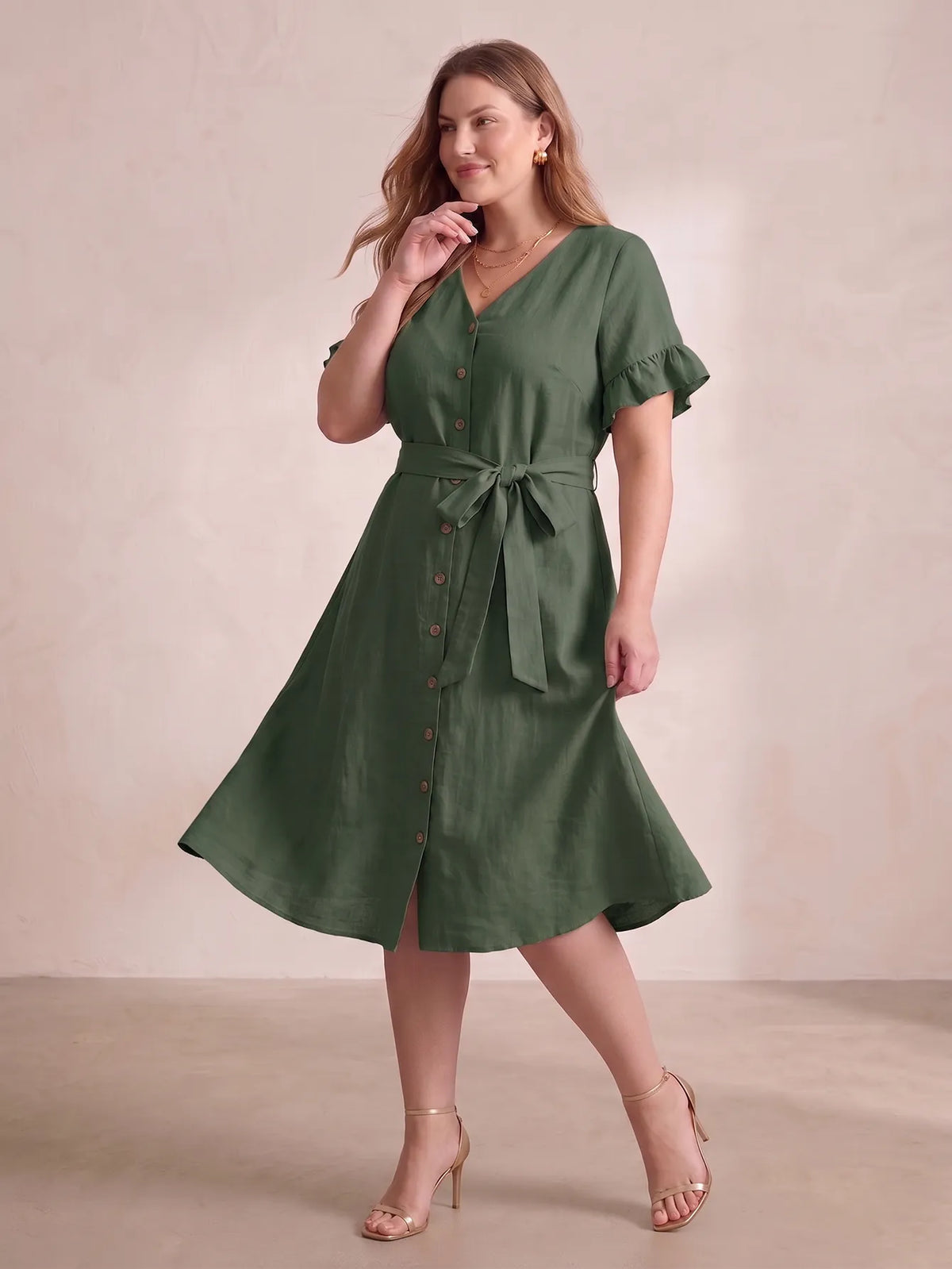 Larui Plus Size Women's Linen Short Sleeves Dress With Belted