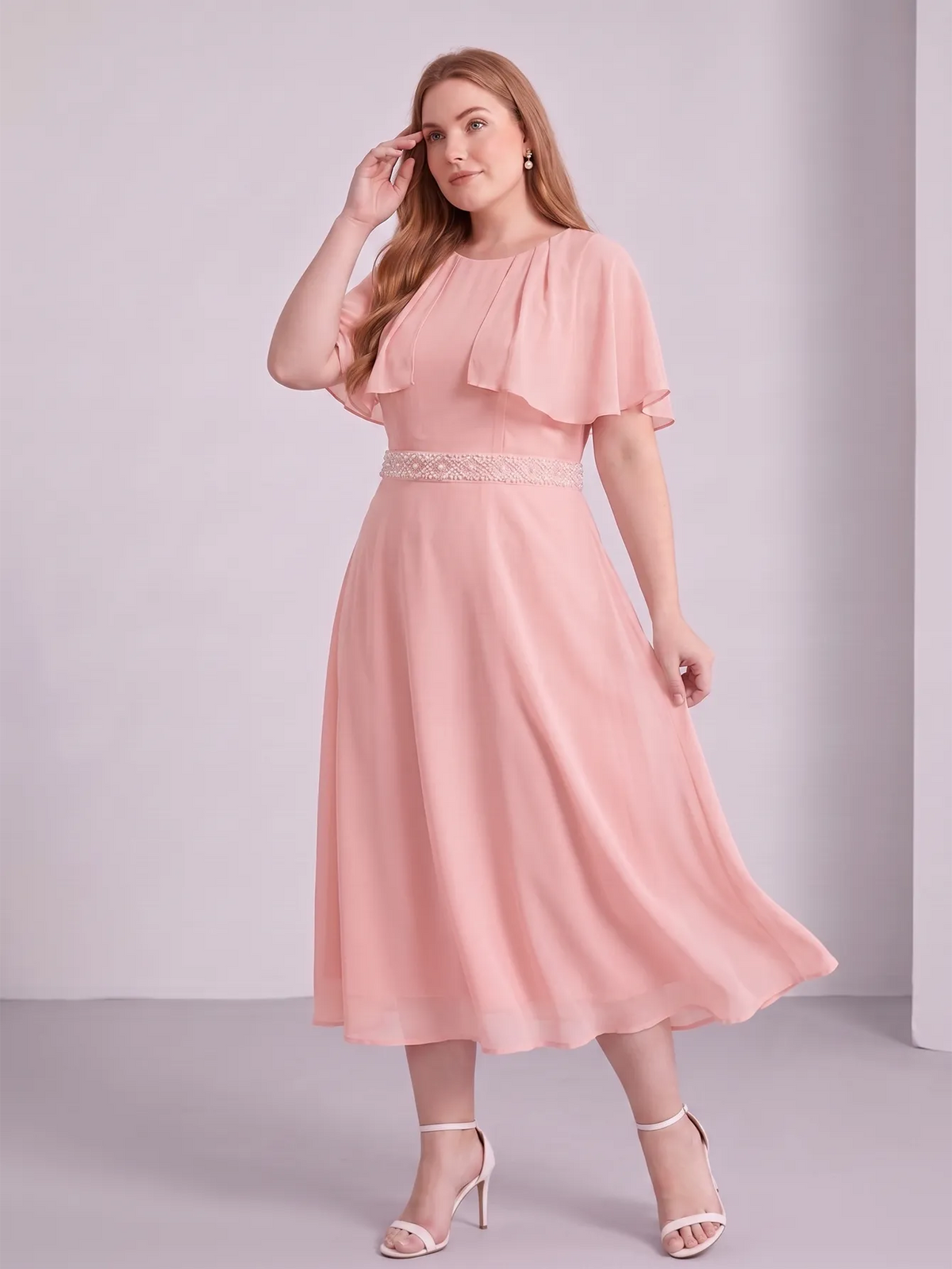 Larui Plus Size Women‘s Cape Sleeves Chiffon Midi Dress