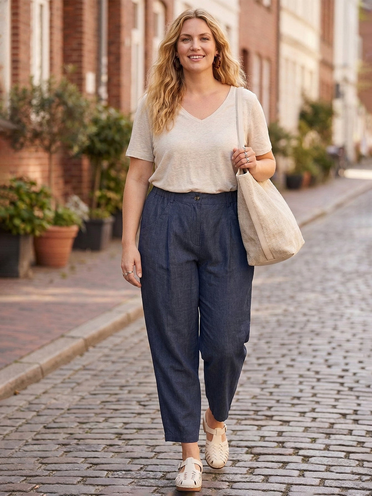 Larui Plus Size Women's Linen Straight Leg Pants With Side Elastic