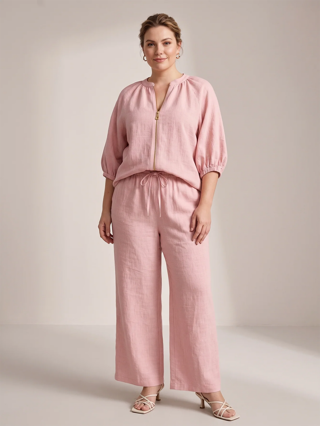 Larui Plus Size Women's Three-Quarter Sleeve Top and Pants Two-Piece Linen Set