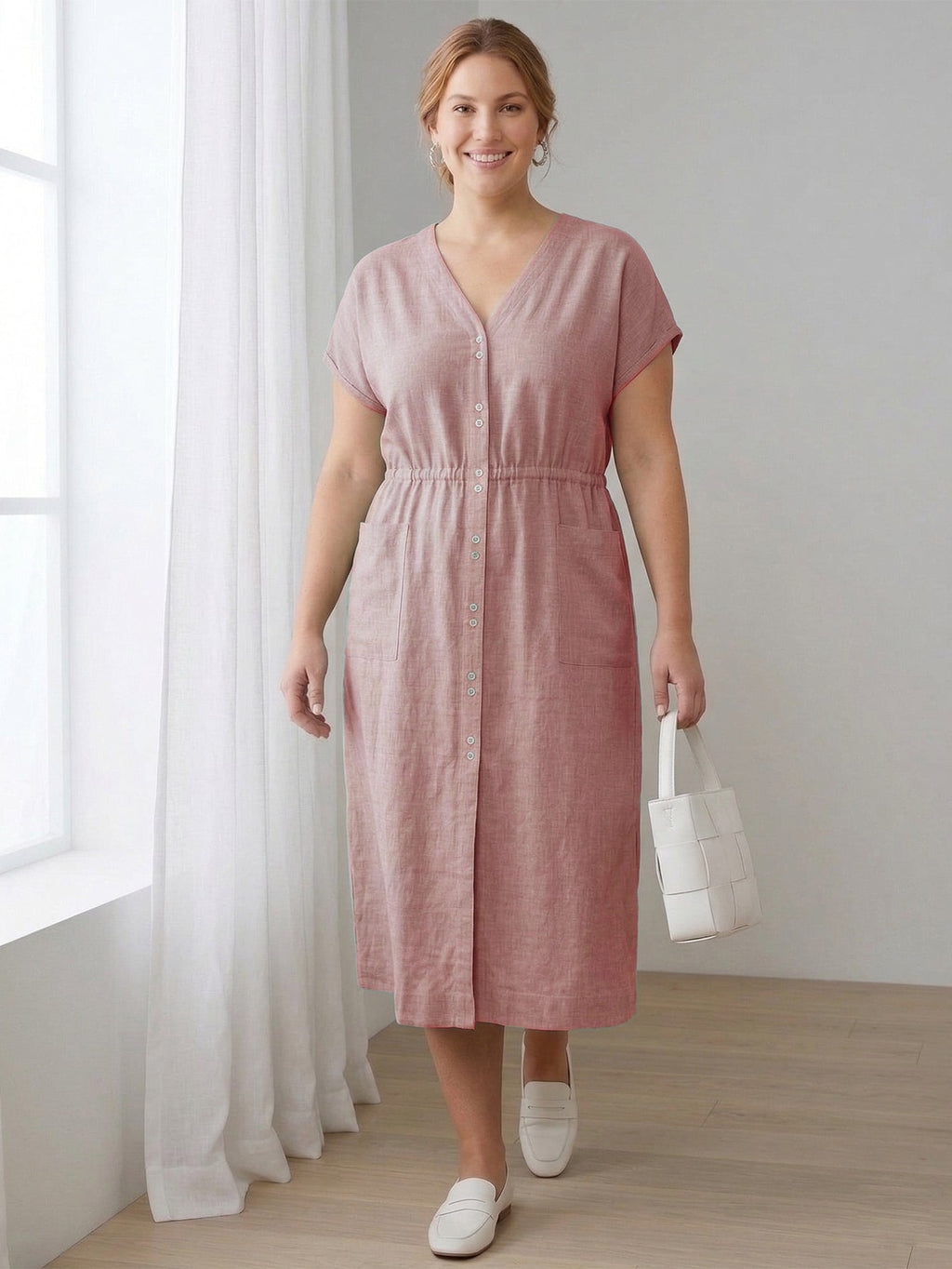 Larui Plus Size Women's Elegant Pocket Linen Dress
