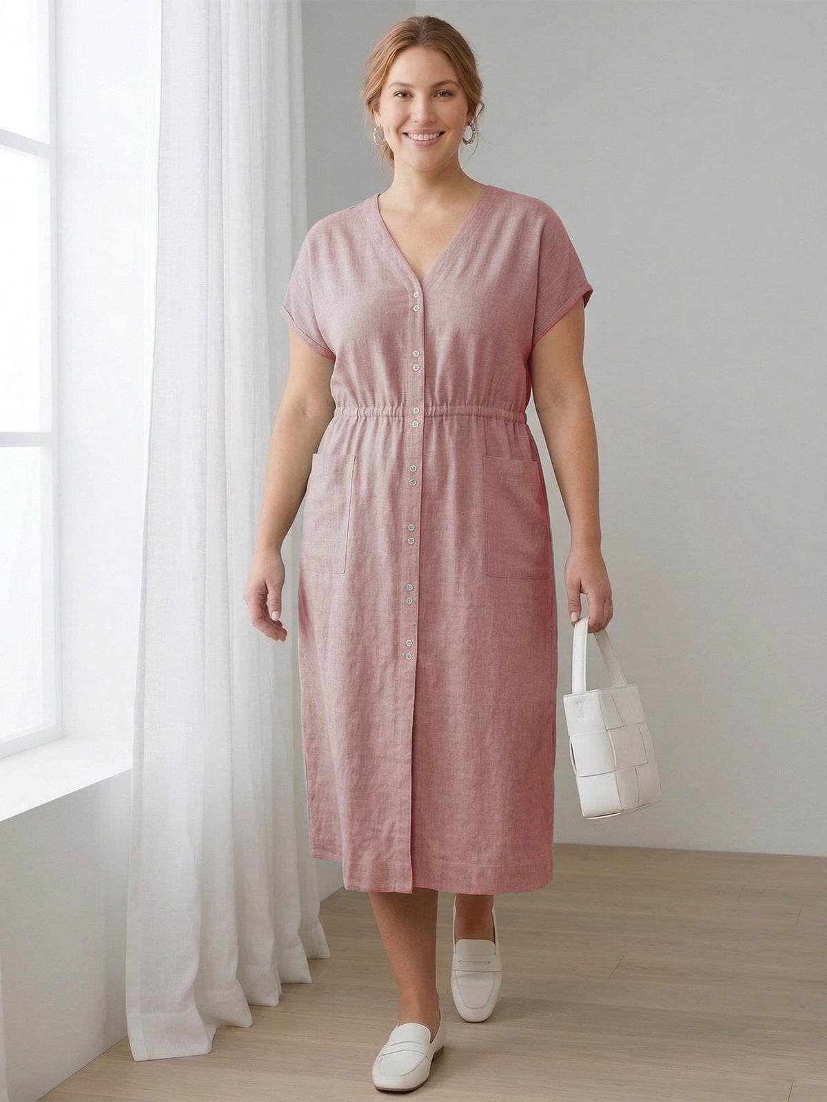 Larui Plus Size Women's Elegant Pocket Linen Dress