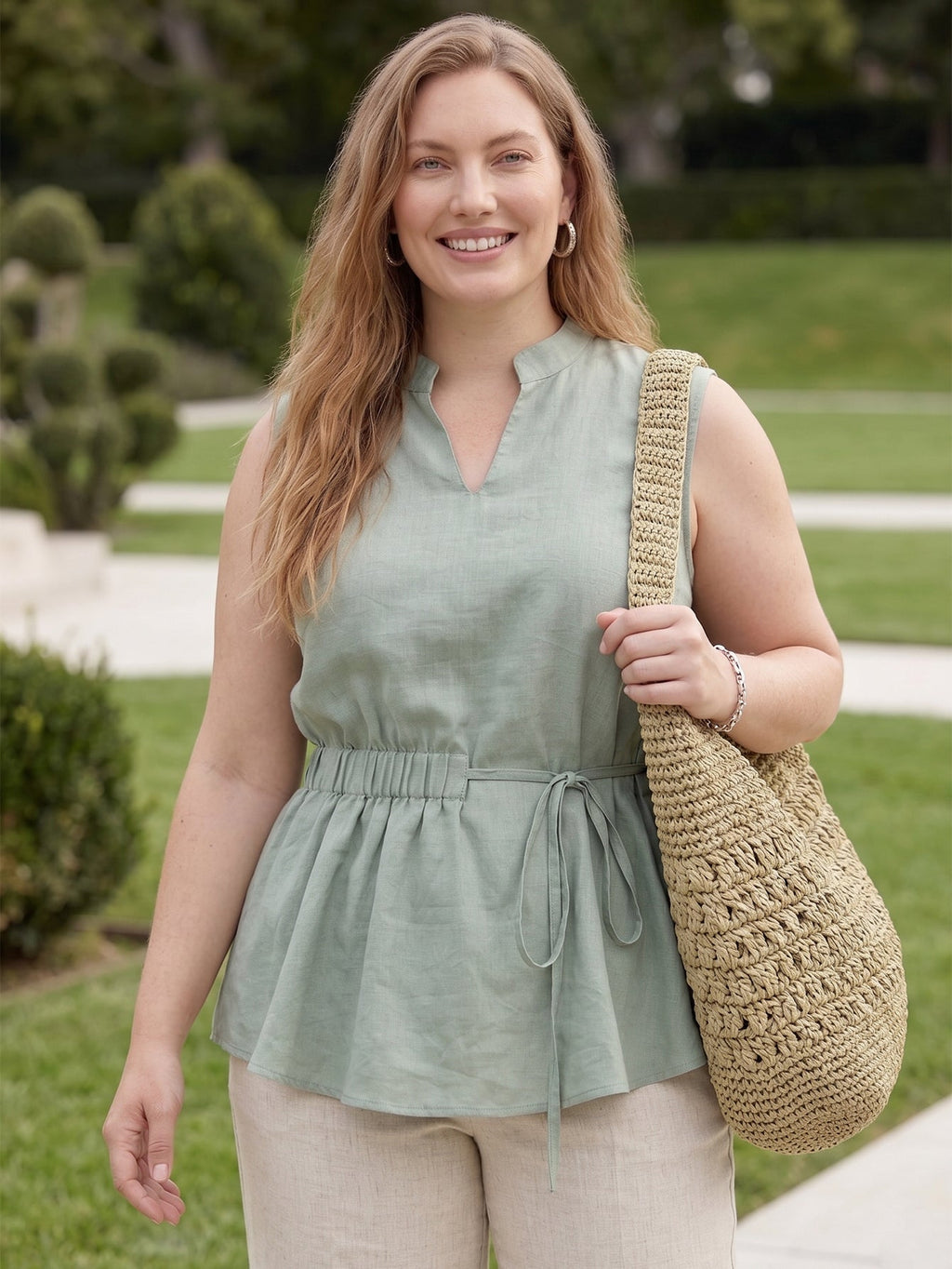 Larui Plus Size Women's Linen Elastic Waist Linen Top Vest