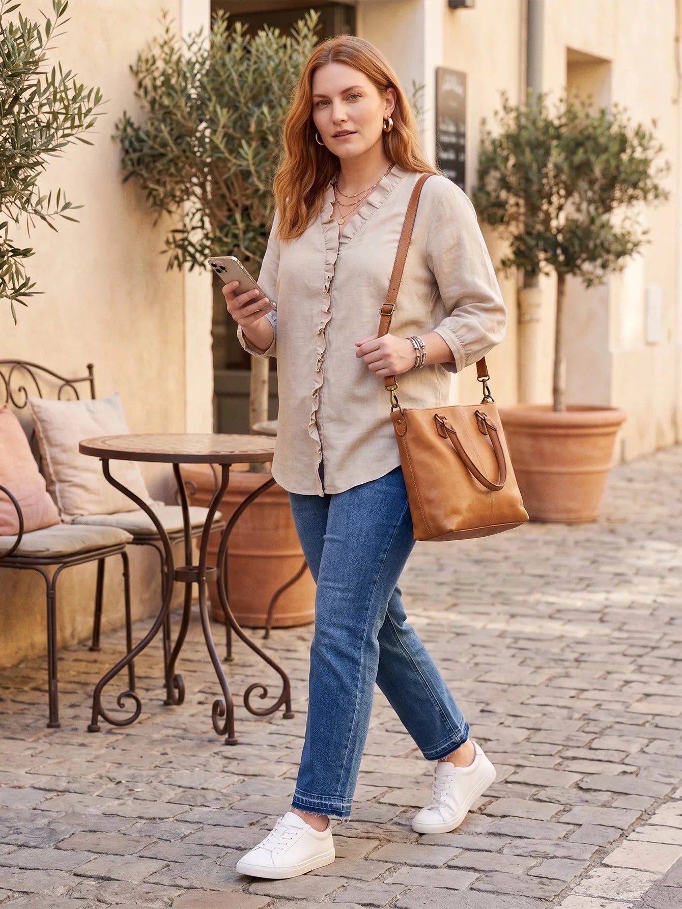Larui Plus Size Women's Linen Ruffles 3/4 Sleeves Blouse
