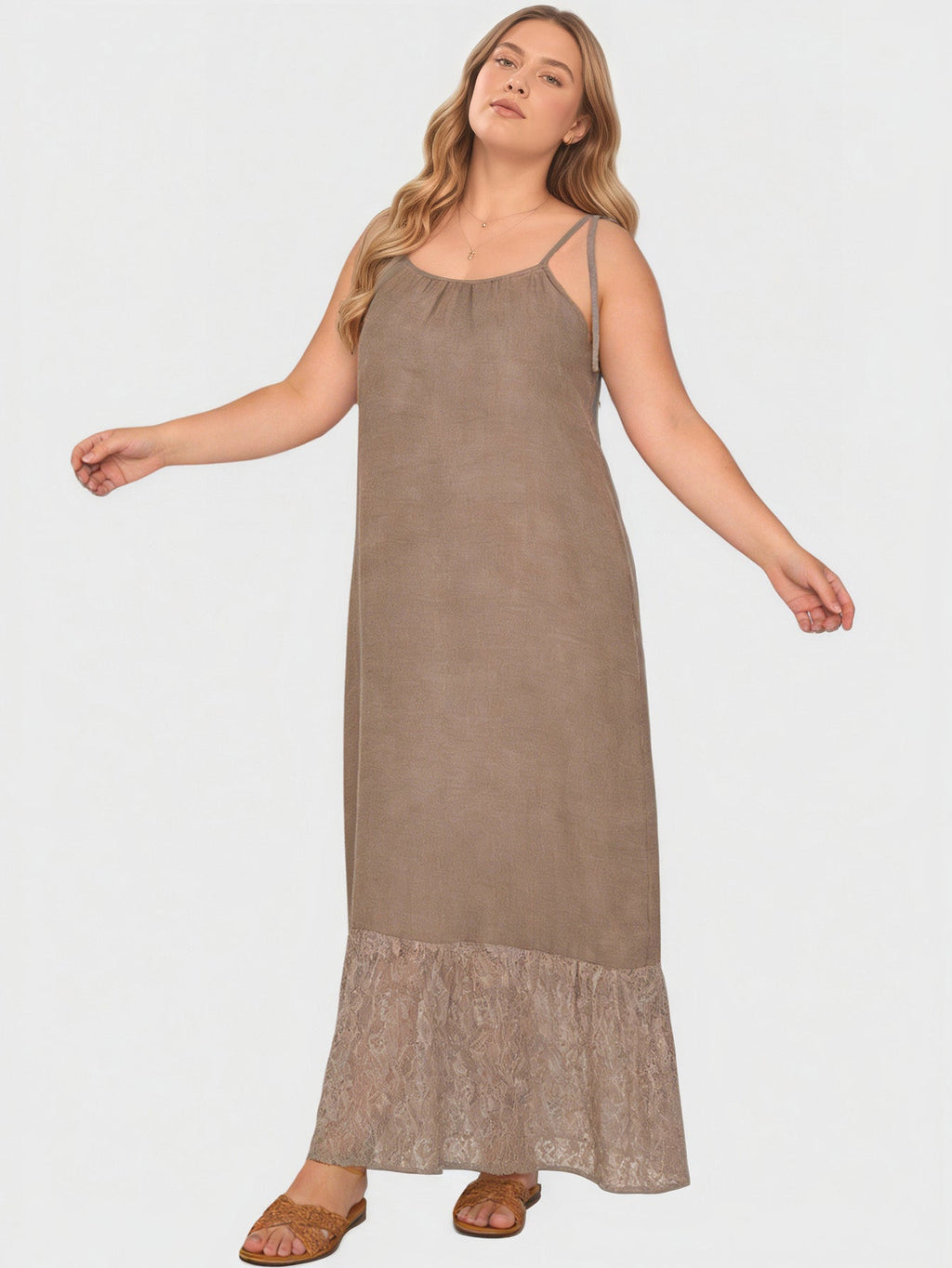 Larui Wovem's Plus Size Linen Lace Patchwork Casual Pocket Cami Dress