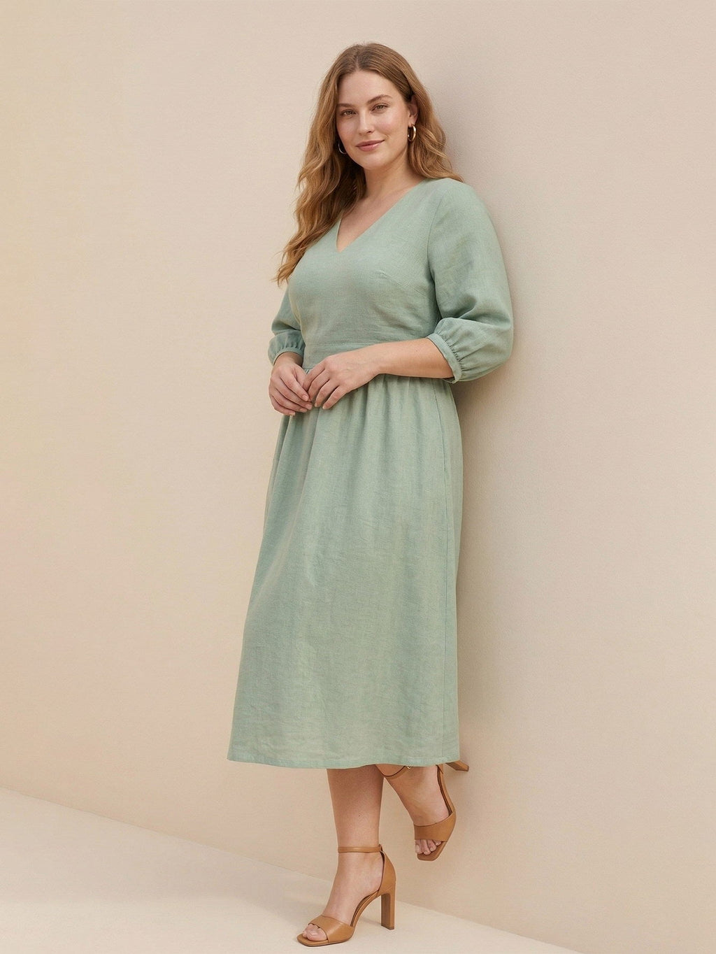 Larui Plus Size Women's Linen V-Neck Pocket Dress