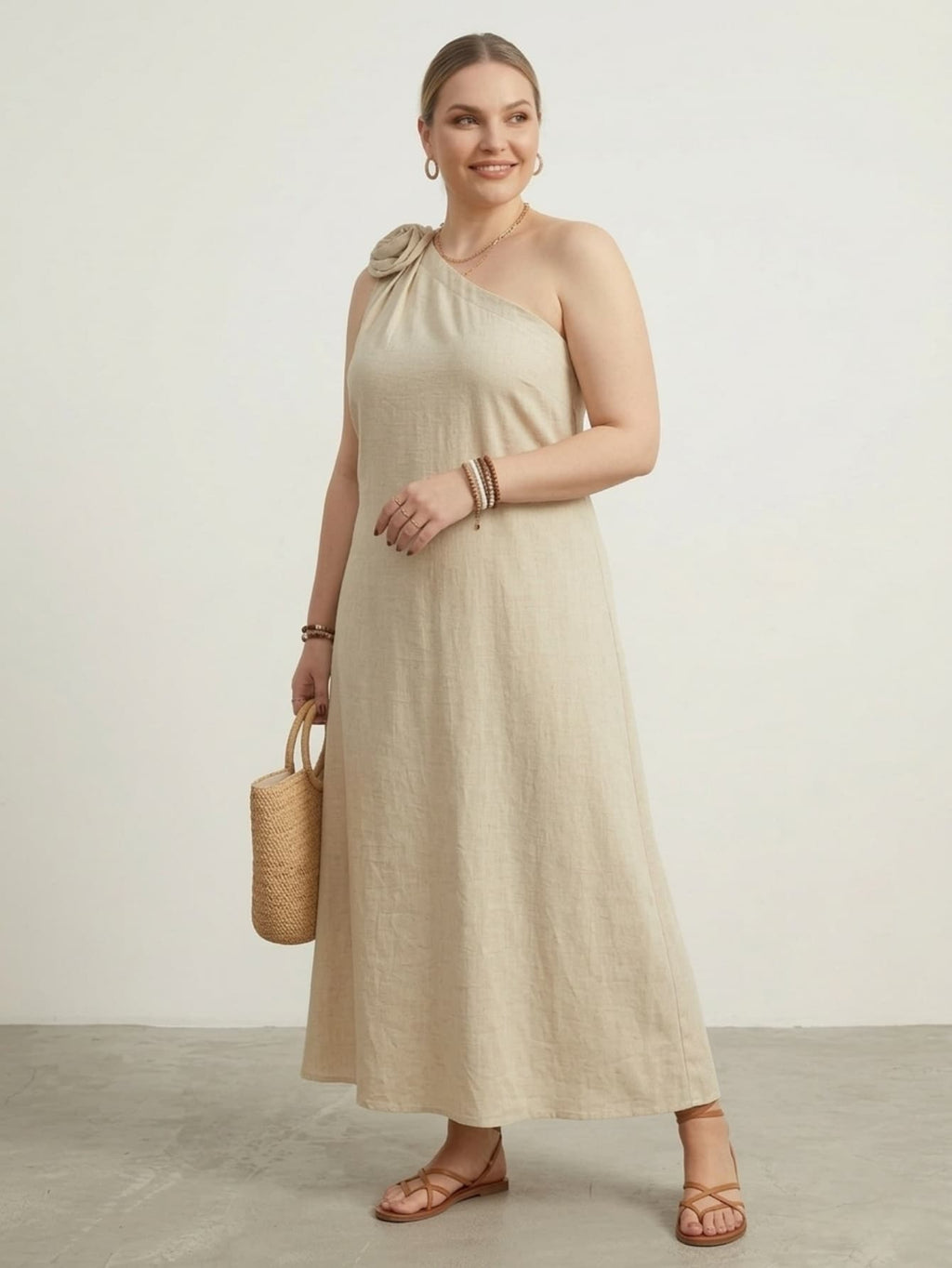 Larui Plus Size Women‘s Linen 3D Flower One Shoulder Dress