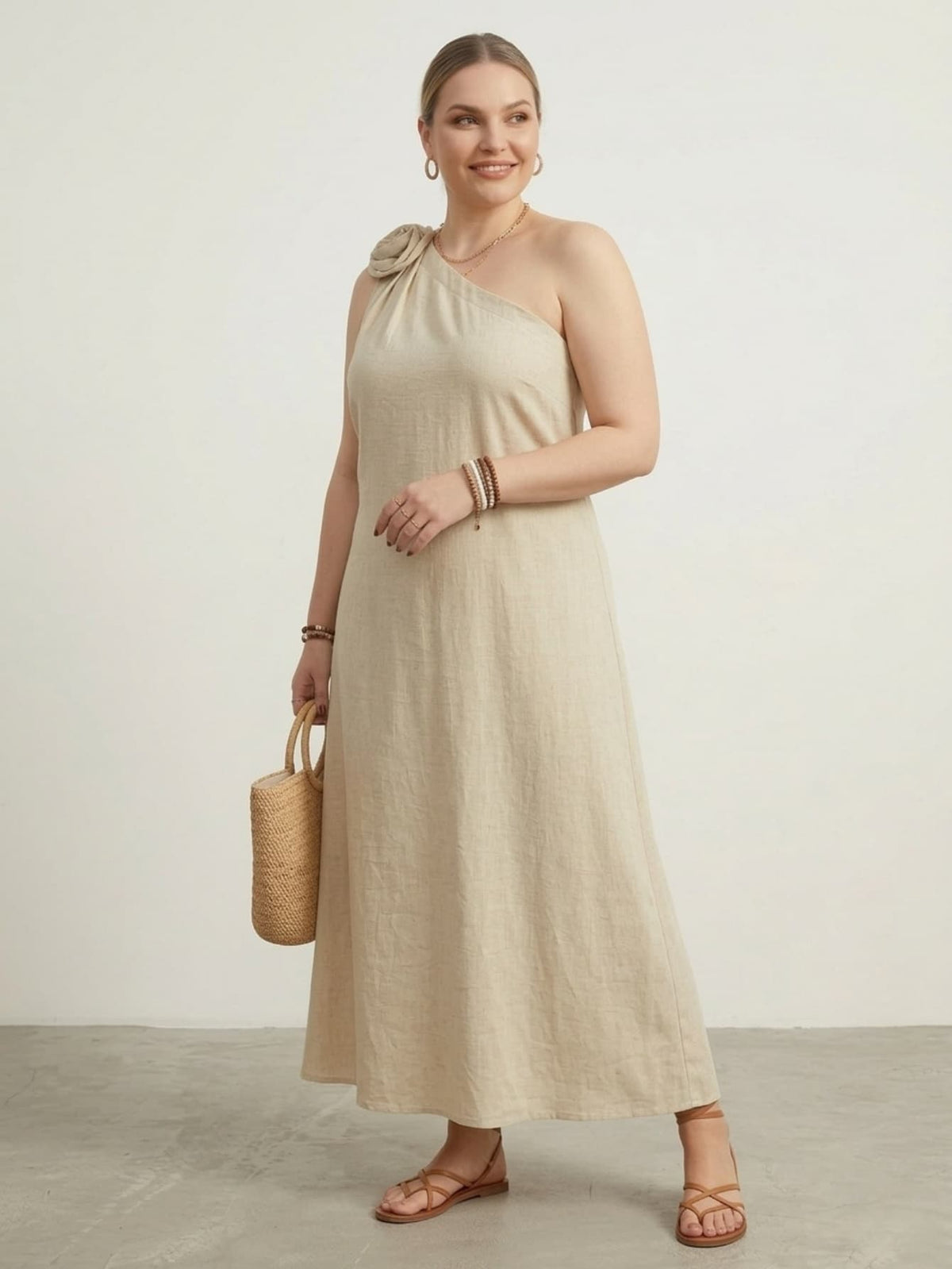 Larui Plus Size Women‘s Linen 3D Flower One Shoulder Dress