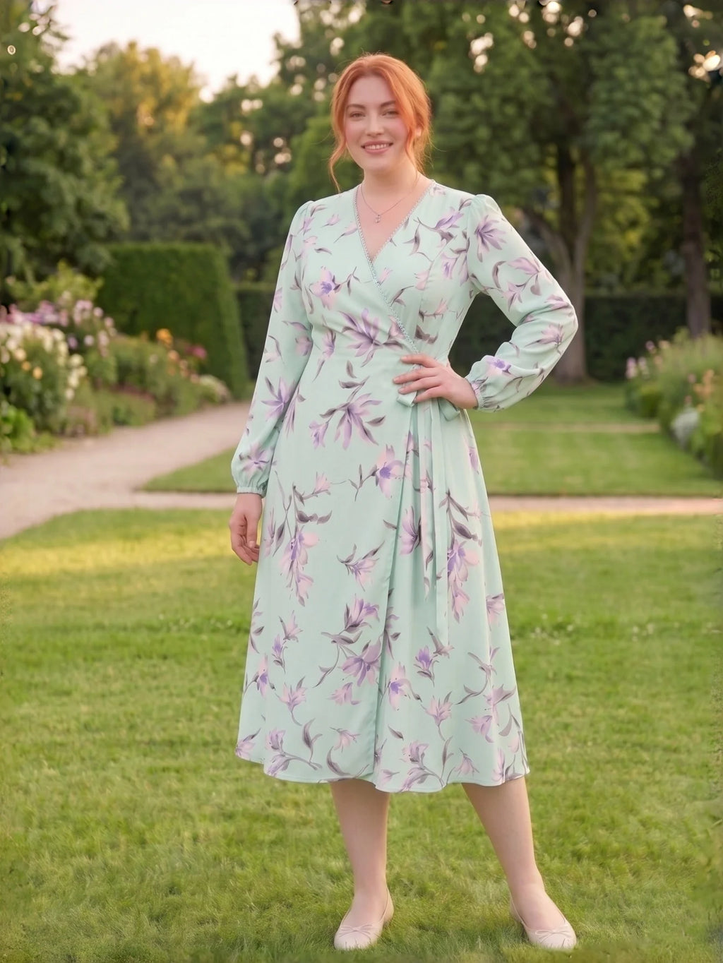 Larui Plus Size Women's Chiffon Wrap Dress