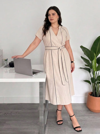Larui Plus Size Women‘s Linen V Neck Dress With Belted