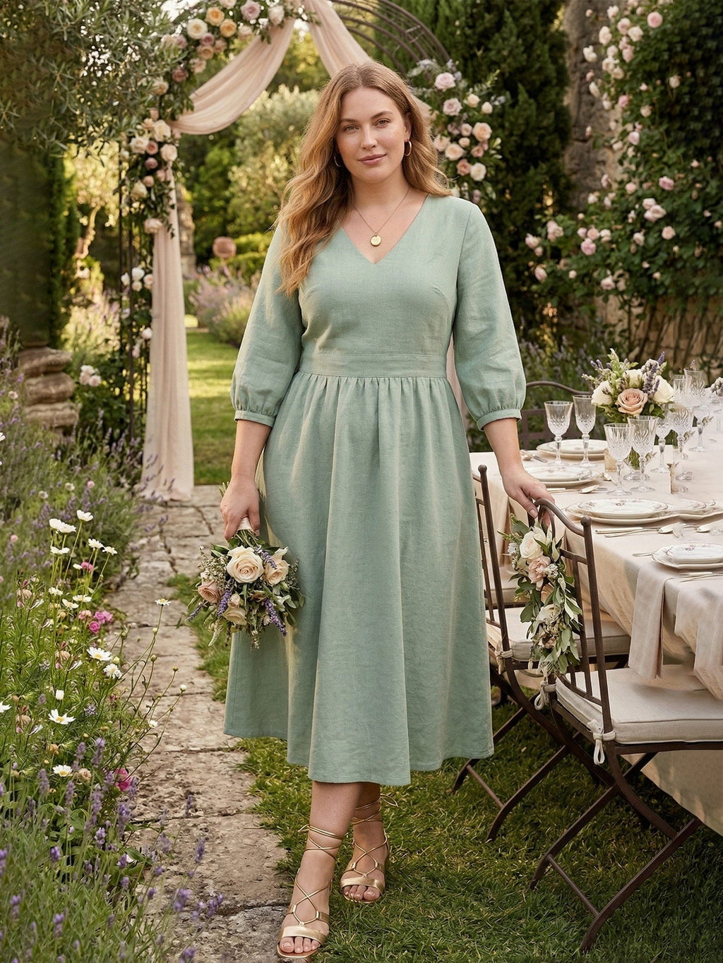 Larui Plus Size Women's Linen V-Neck Pocket Dress