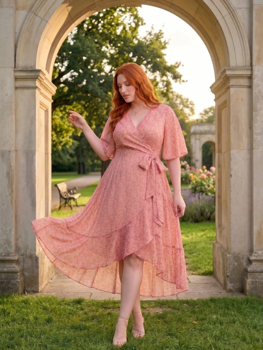 Larui Plus Size Elegant Chiffon Tie-Wrap Dress