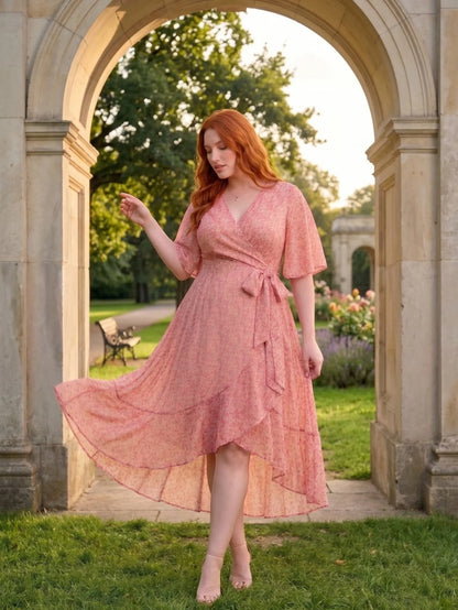 Larui Plus Size Elegant Chiffon Tie-Wrap Dress