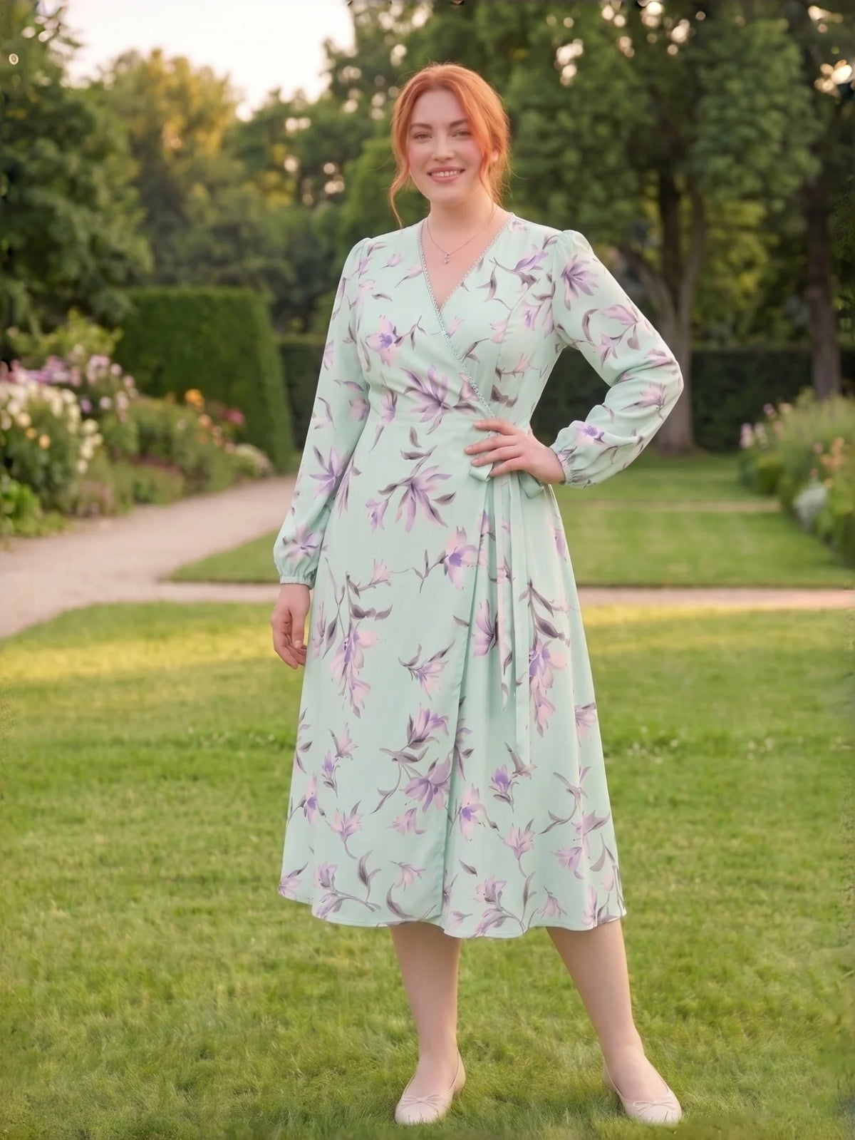 Larui Plus Size Women's Chiffon Wrap Dress