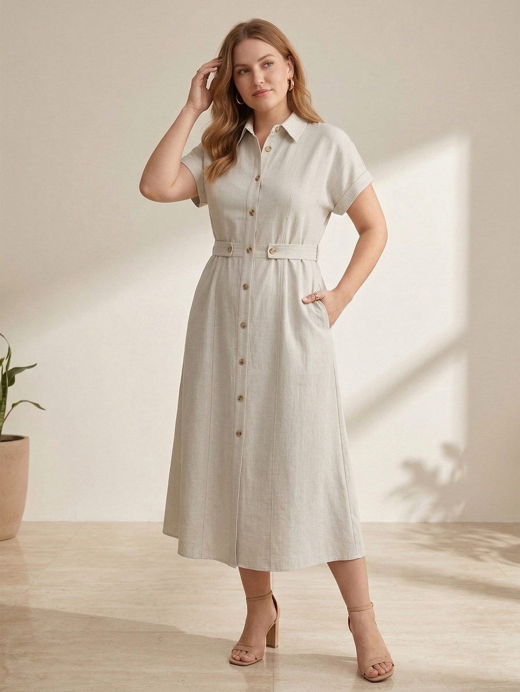 Larui Plus Size Women‘s Linen Short  Sleeves Dress