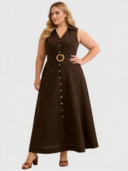 Larui Plus Size Women's Linen Daily Button Front Dress with Waist Belt