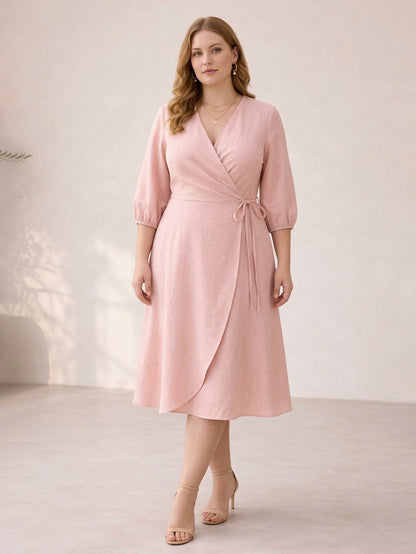 Larui Plus Size Women's Linen V-Neck Wrap Dress