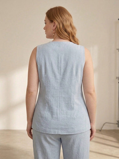 Larui Plus Size Women's Button Sleeveless Top Vest