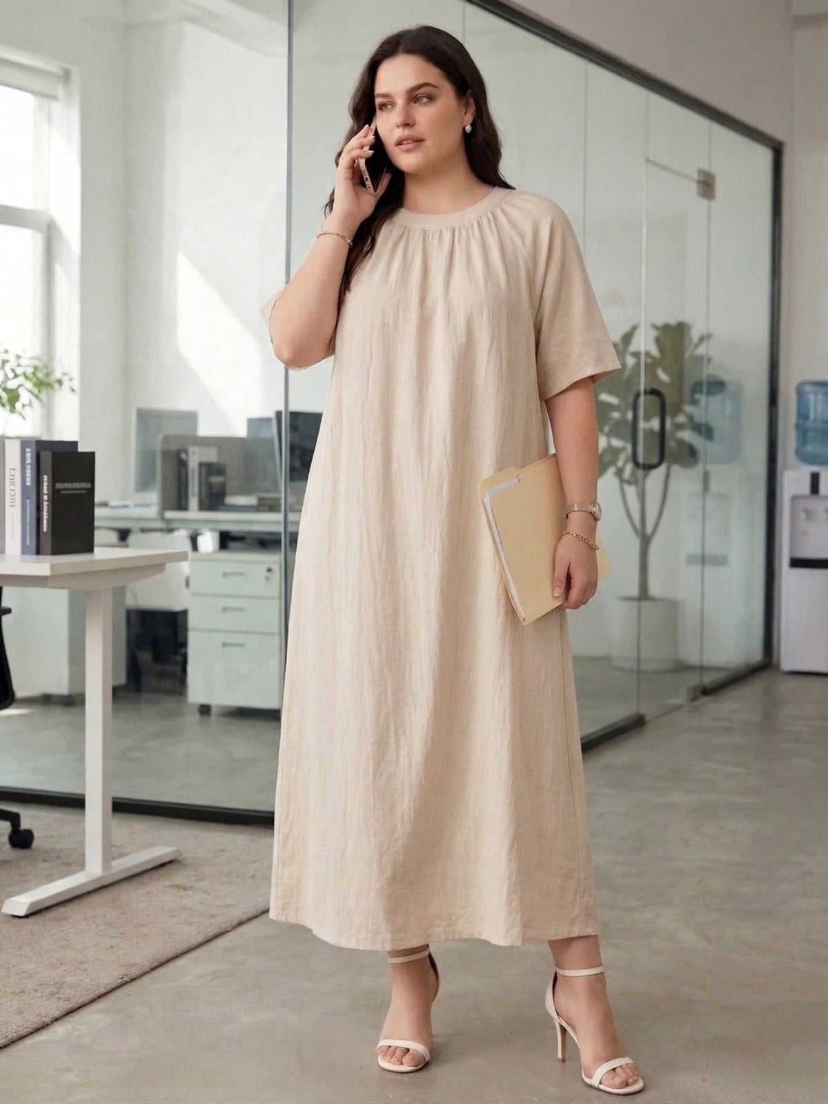 Larui Plus Size Women's Linen Short Sleeves Dress