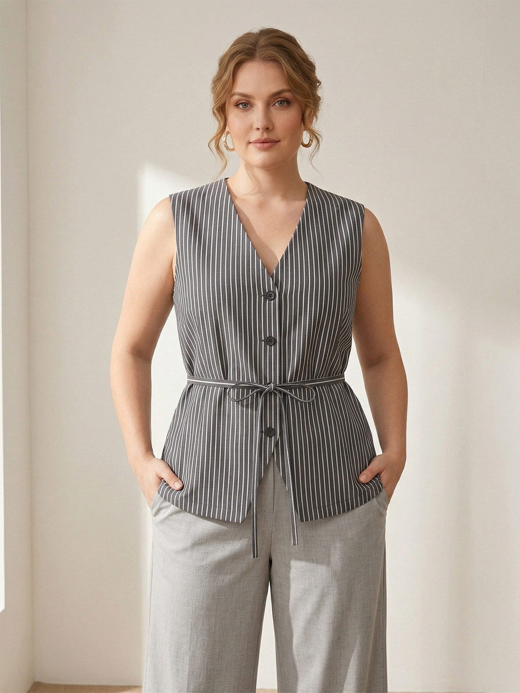 Larui Plus Size Women's Stripes Sleeveless Top Vest With Belted