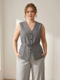 Larui Plus Size Women's Stripes Sleeveless Top Vest With Belted