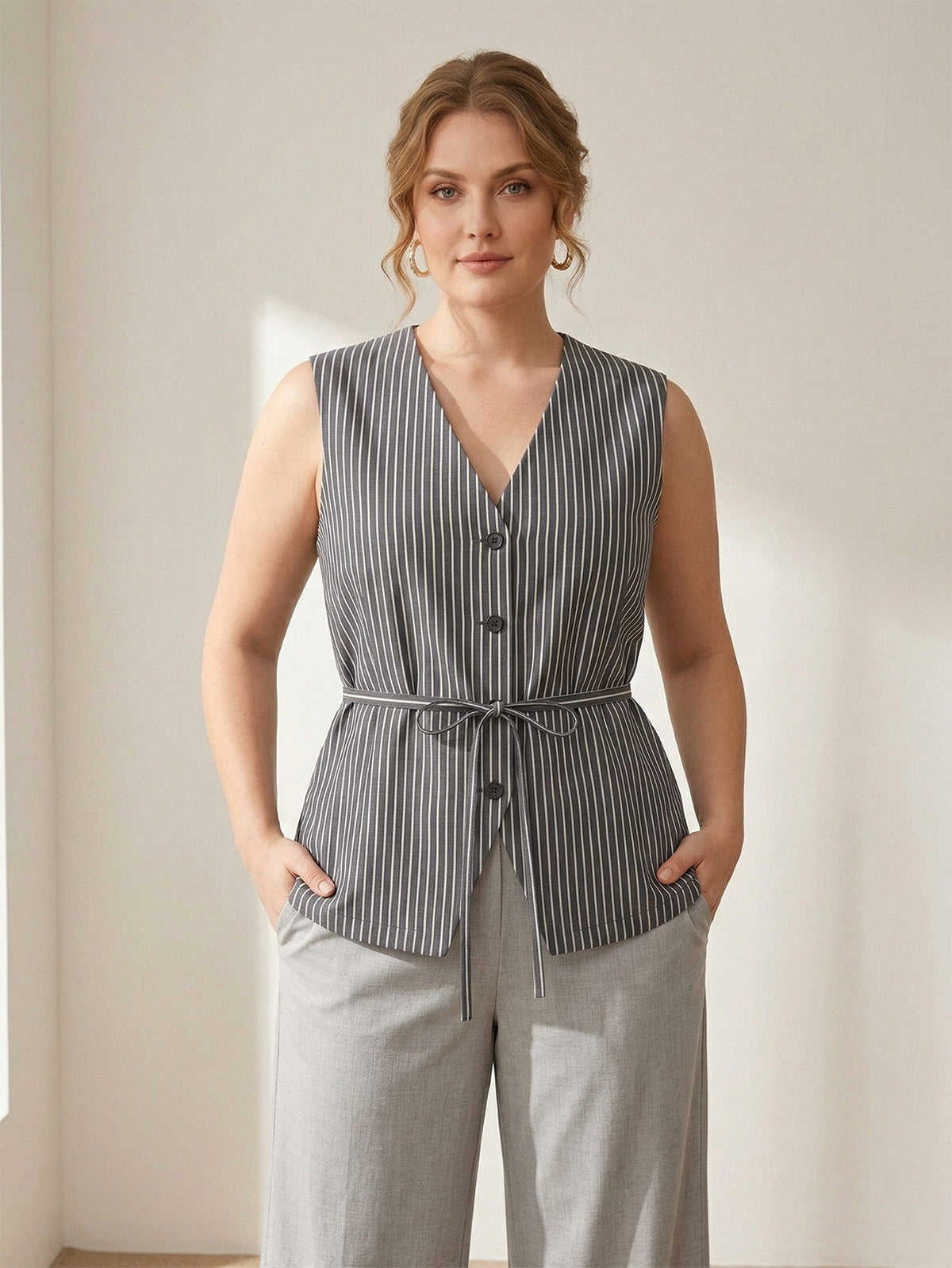 Larui Plus Size Women's Stripes Sleeveless Top Vest With Belted