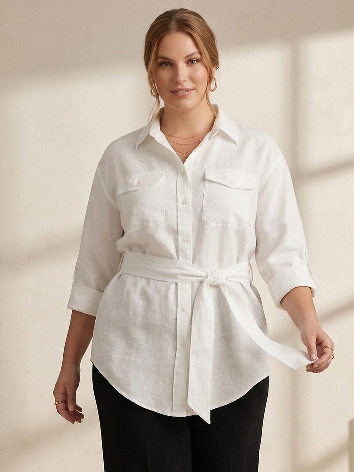 Larui Plus Size Women's Linen Pocket Shirt With Belted